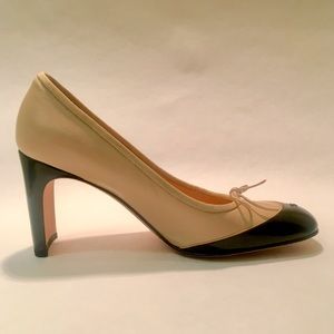 CHANEL Beige & Black Leather Patent Toe Pumps